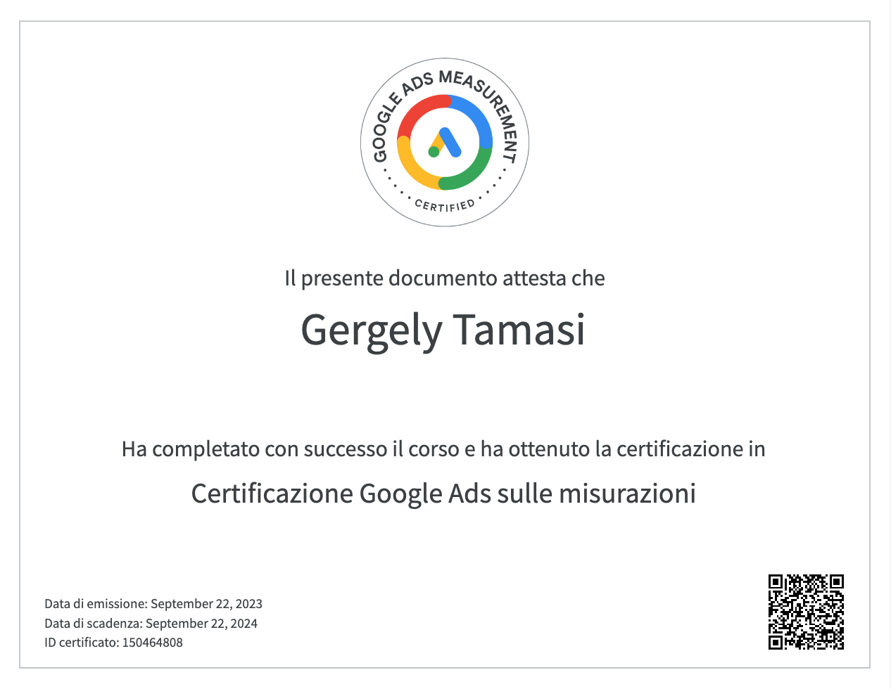 Certificazione Google Ads Gerg Tamasi
